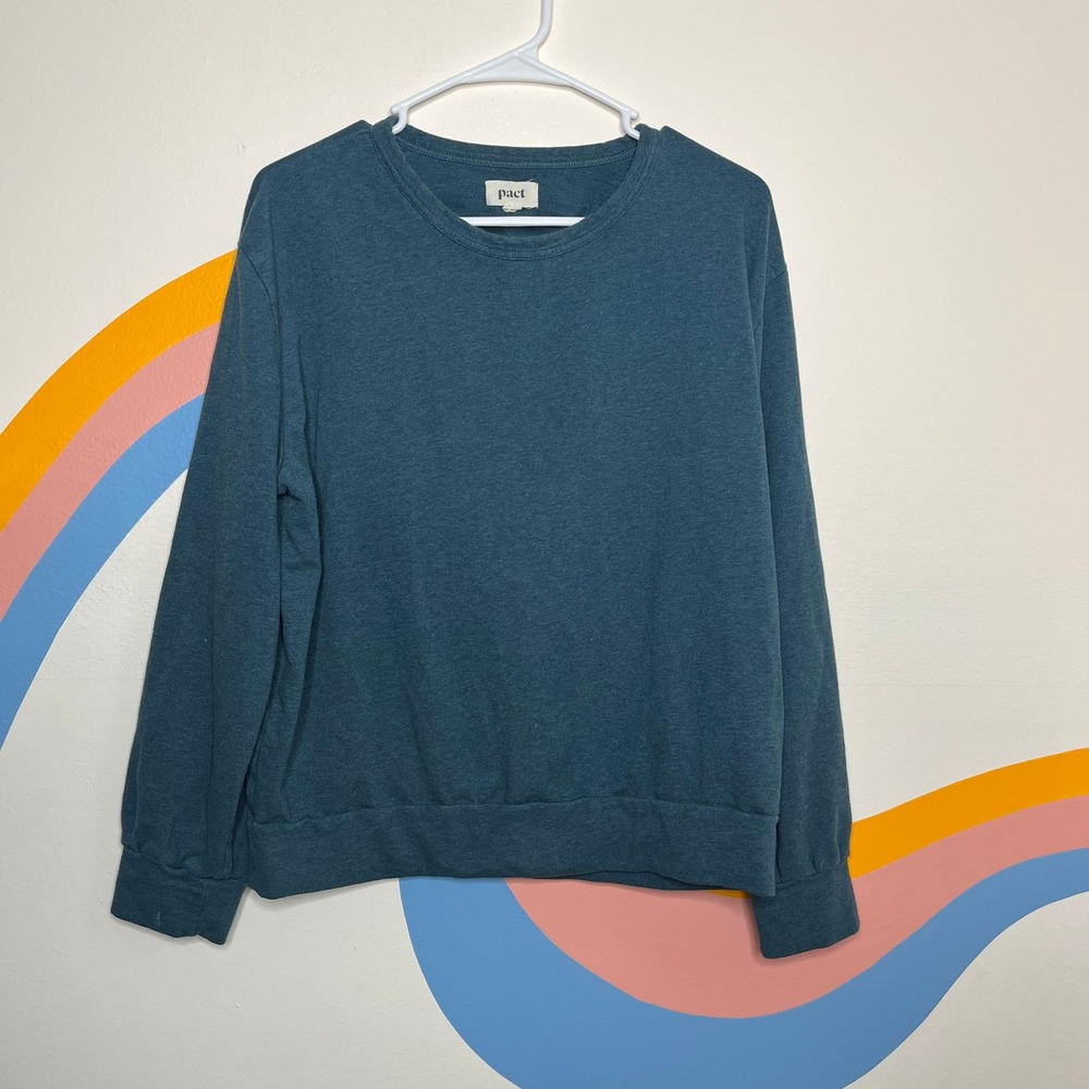 Pact Womens Organic Cotton Back Cutout Sweatshirt‎ Teal Blue Large L Crew Neck